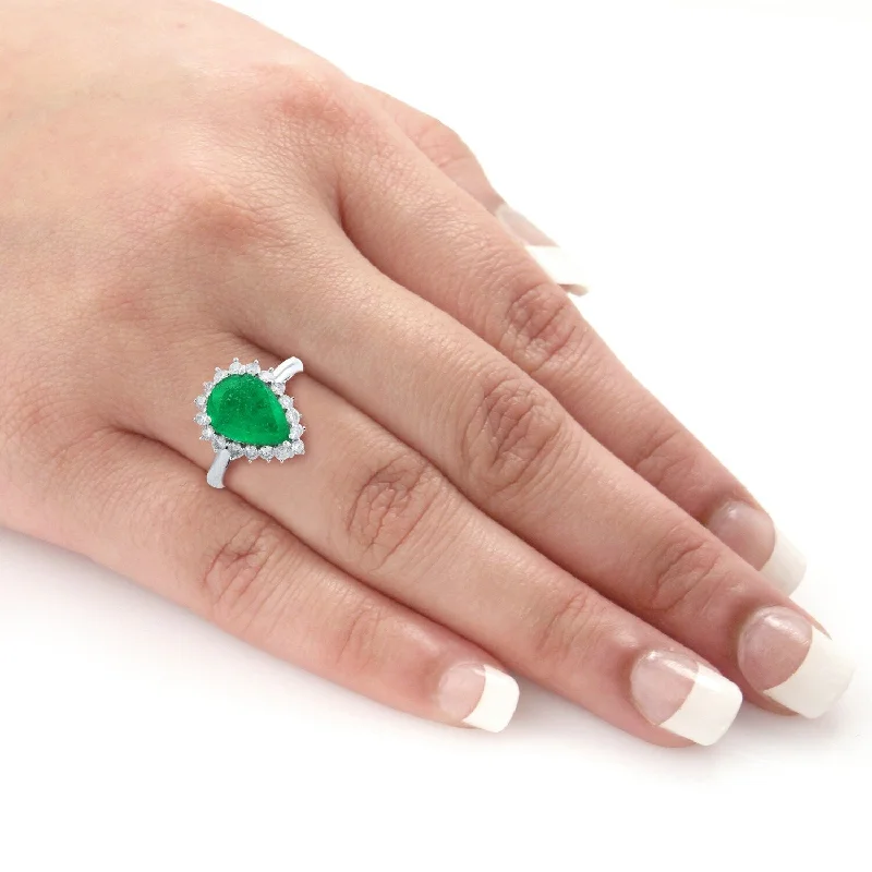 14k White Gold 2 1/2ct Pear-Shaped Emerald and 1/2ct TDW Diamond Halo Engagement Ring by Auriya