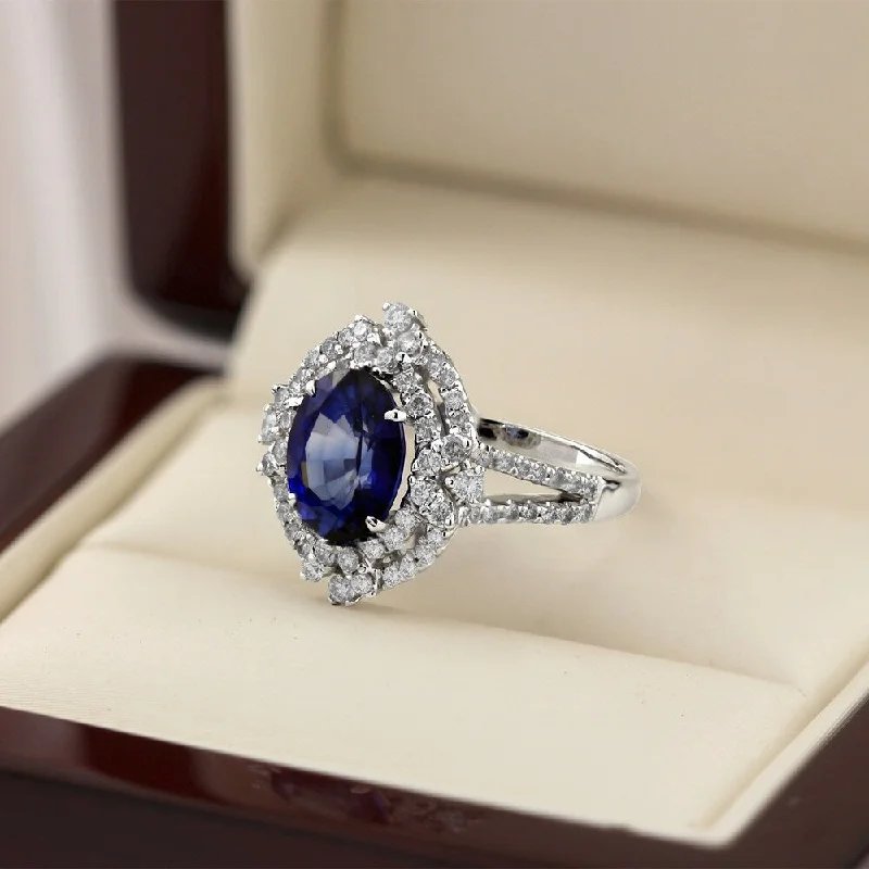 Auriya 3 1/2ct Oval-cut Blue Sapphire and 3/4ctw Double Halo Diamond Engagement Ring 18K Gold