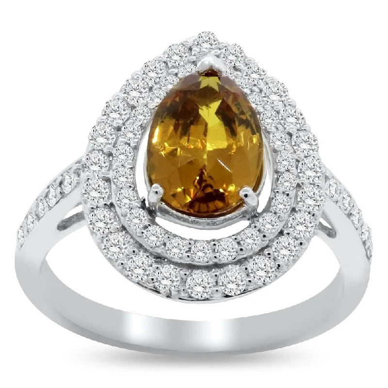 Auriya Platinum 2ct Certified Pear Rare Yellow Sapphire and 3/4ct TDW Diamond Double Halo Engagement Ring