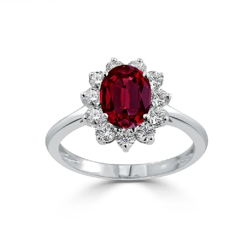 Auriya 1 3/8ct Oval Red Ruby and 5/8ctw Sunburst Halo Diamond Engagement Ring 18K Gold