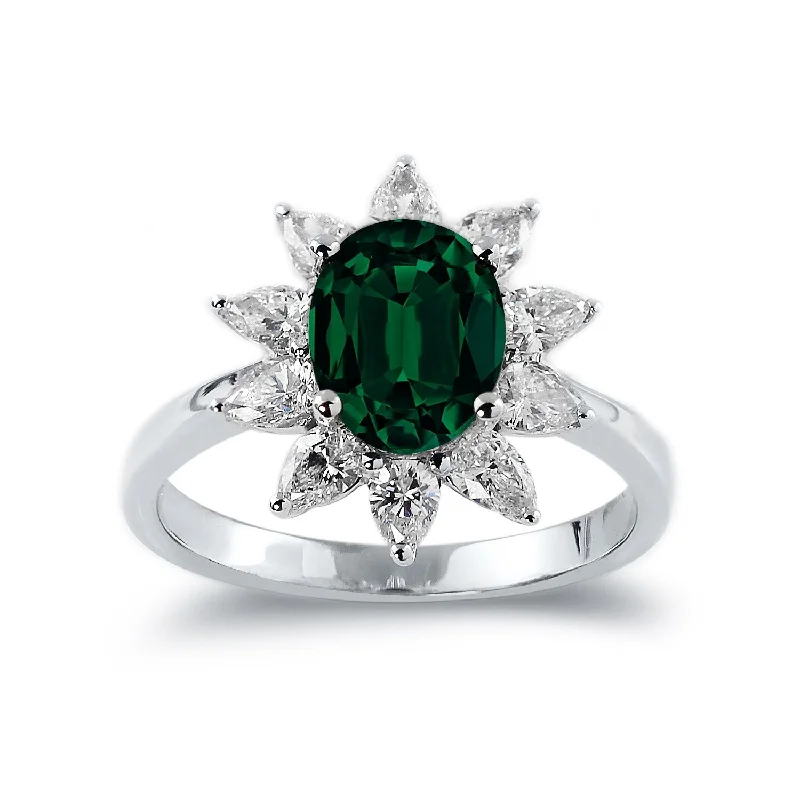 Auriya 1 5/8ct Oval-cut Emerald Sunburst Halo Diamond Engagement Ring 3/4ctw 18K Gold