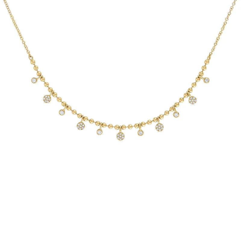 14KT GOLD PAVE DIAMOND DISK AND BEZEL DANGLE BALL NECKLACE