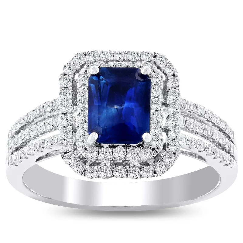 Auriya 18k White Gold 1 1/10ct Emerald-Cut Blue Sapphire and 1/2ctw Halo Diamond Engagement Ring