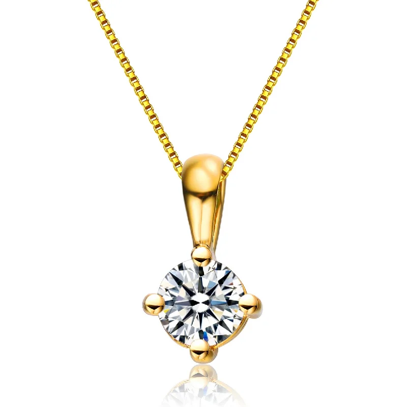 .925 Sterling Silver With Gold Plated Clear Round Cubic Zirconia Solitaire Necklace