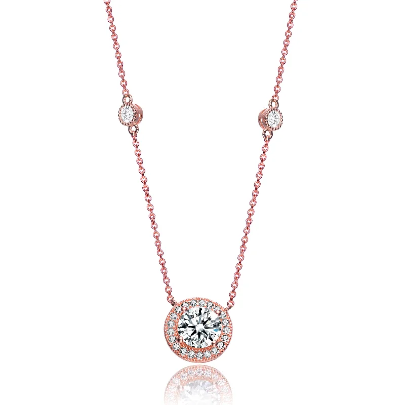 Sterling Silver with Rose Gold Plated Halo Clear Round Cubic Zirconia Chain Necklace