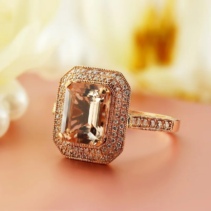 Auriya Vintage 2 3/4ct Emerald-cut Morganite 1/3ctw Halo Diamond Engagement Ring 10K Rose Gold